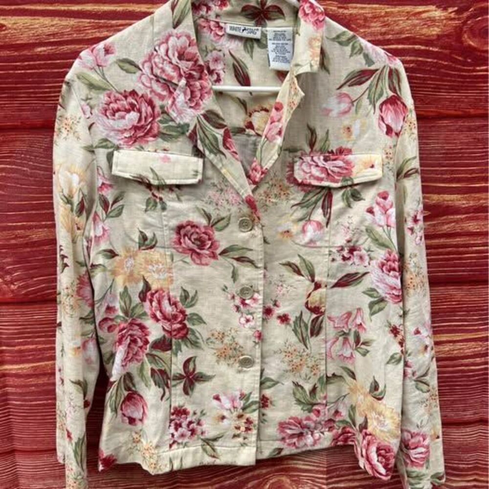 Vtg White Stag M Floral Button Up Shirt jacket Linen Blend shacket